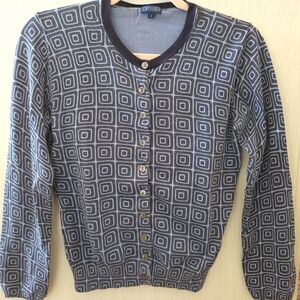 J. McLaughlin Blue and Navy Geometric Cardigan